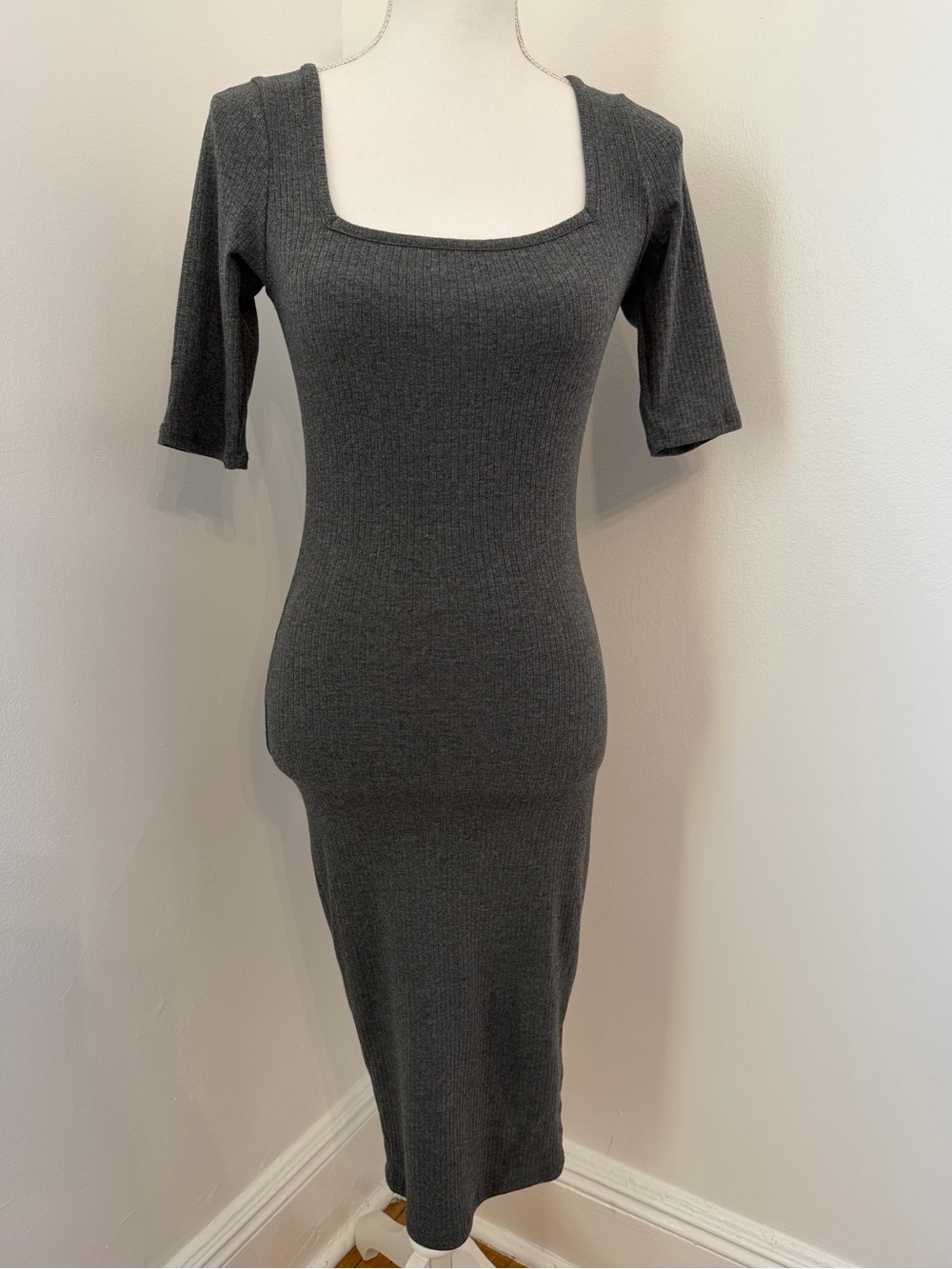 Fashion Nova Charcoal Square Neck Ribbed Midi Dress
